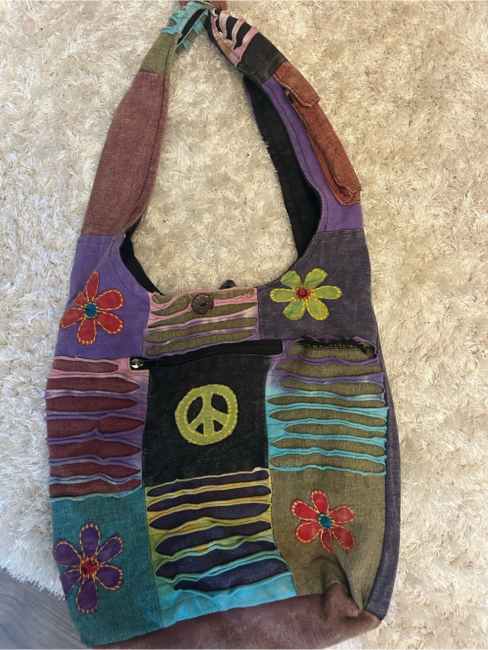 Boho Patchwork Flower & Peace Sign Shoulder Bag in Purple Multi
